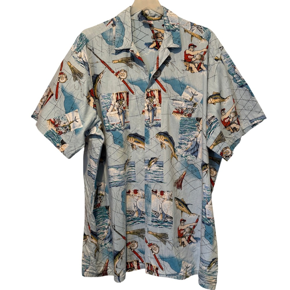 Barefoot in Paradise Mens 2XL Tall Fishing Hawaiian Shirt Blue Cotton‎ Made USA